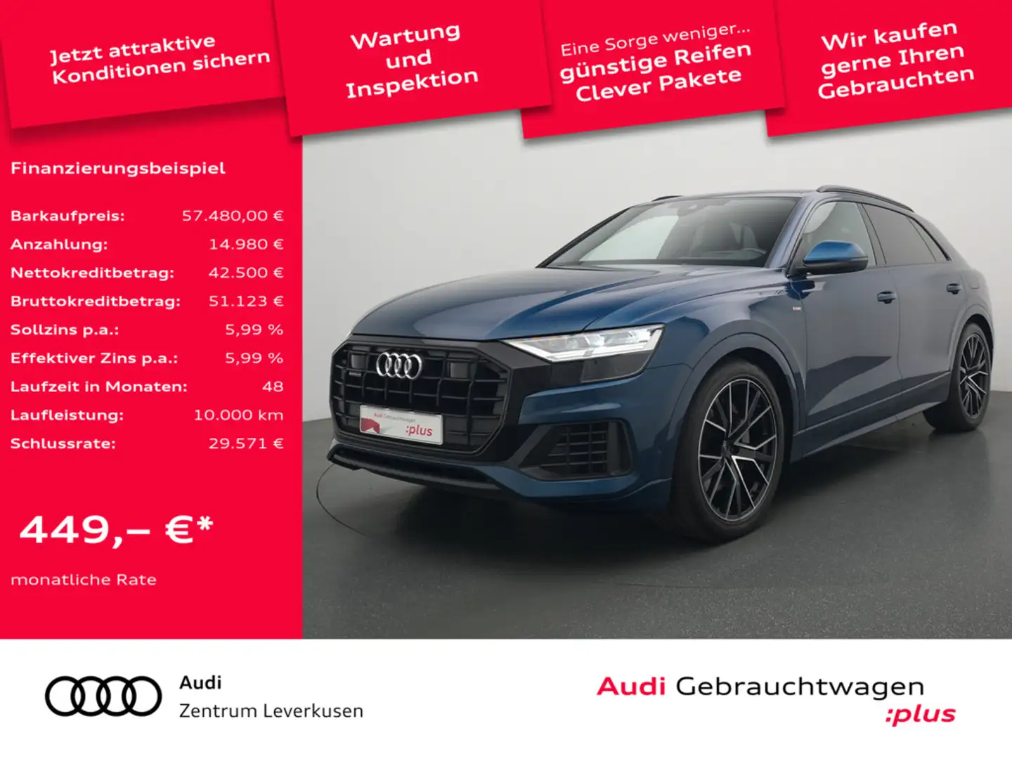 Audi Q8 e S line LEDER RAUTE LUFT AHK HUD NAVI MEM Blau - 1