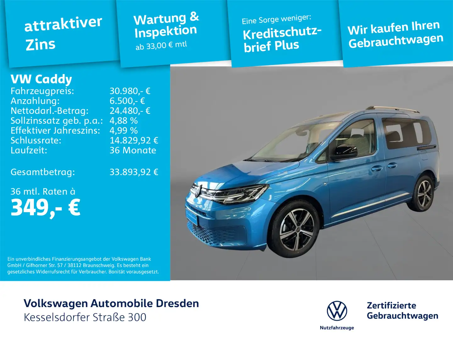 Volkswagen Caddy 1.5 TSI DSG Style AHZV Kamera LED Navi Blau - 1