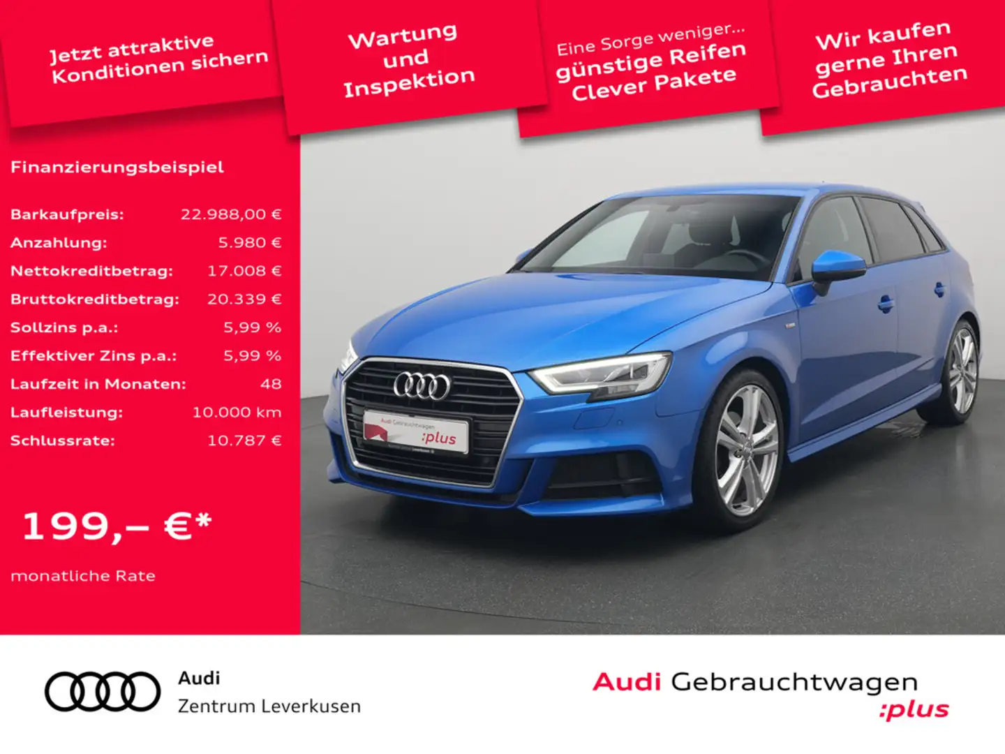 Audi A3 Sportback 1.5 S line LED SHZ PDC KLIMA NAV Blau - 1