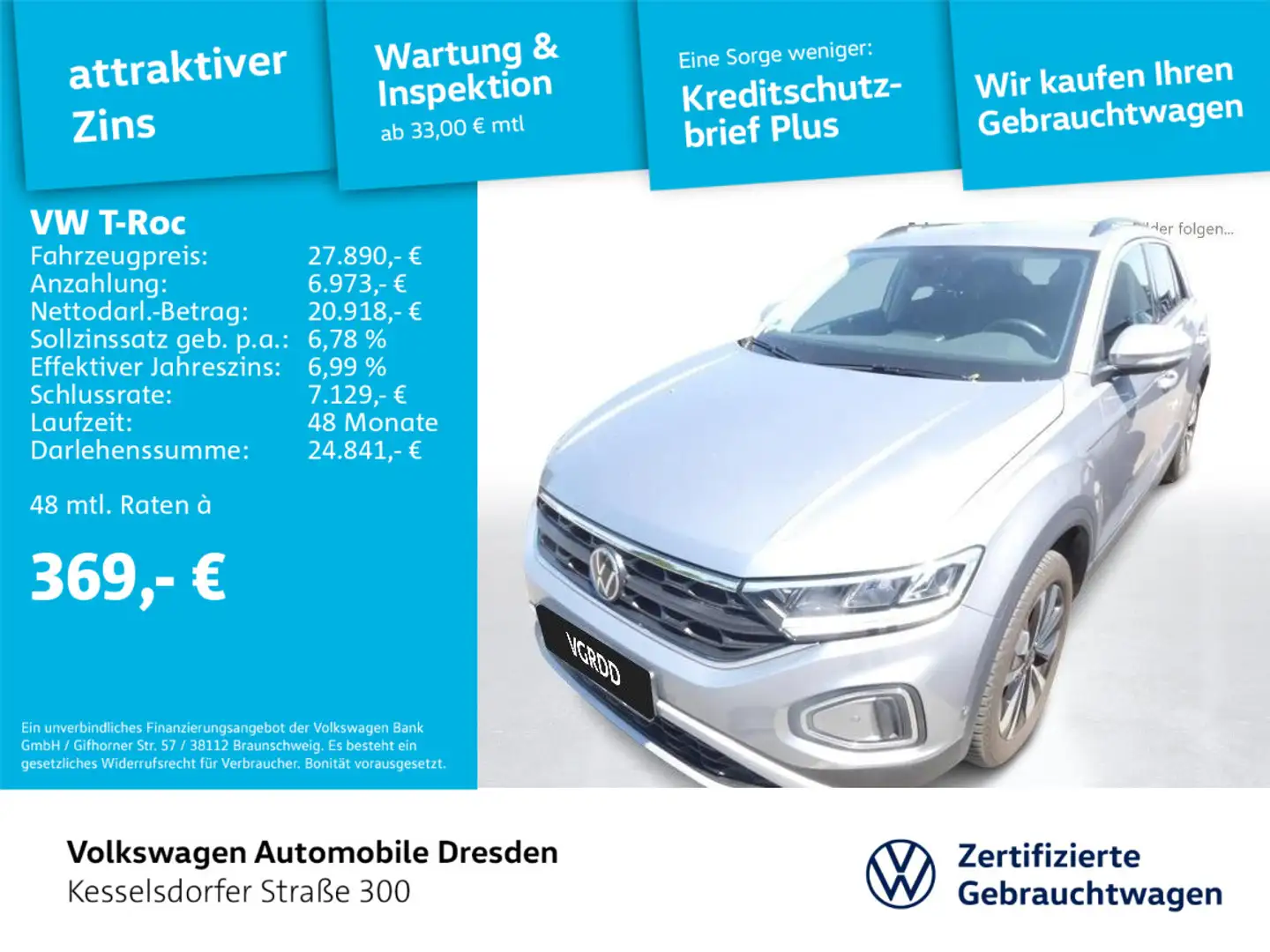 Volkswagen T-Roc Life 1.5 l TSI OPF 110 kW (150 PS) 7-Gang- Silber - 1
