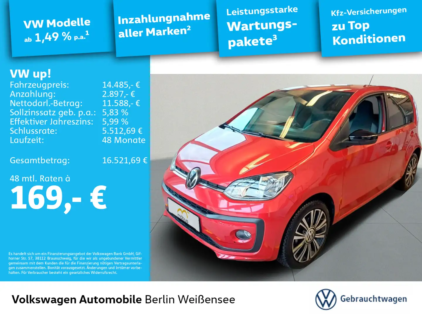 Volkswagen up! 1.0 Active*KLIMA*RFK*GRA*SHZ*PDC HINTEN* Rot - 1
