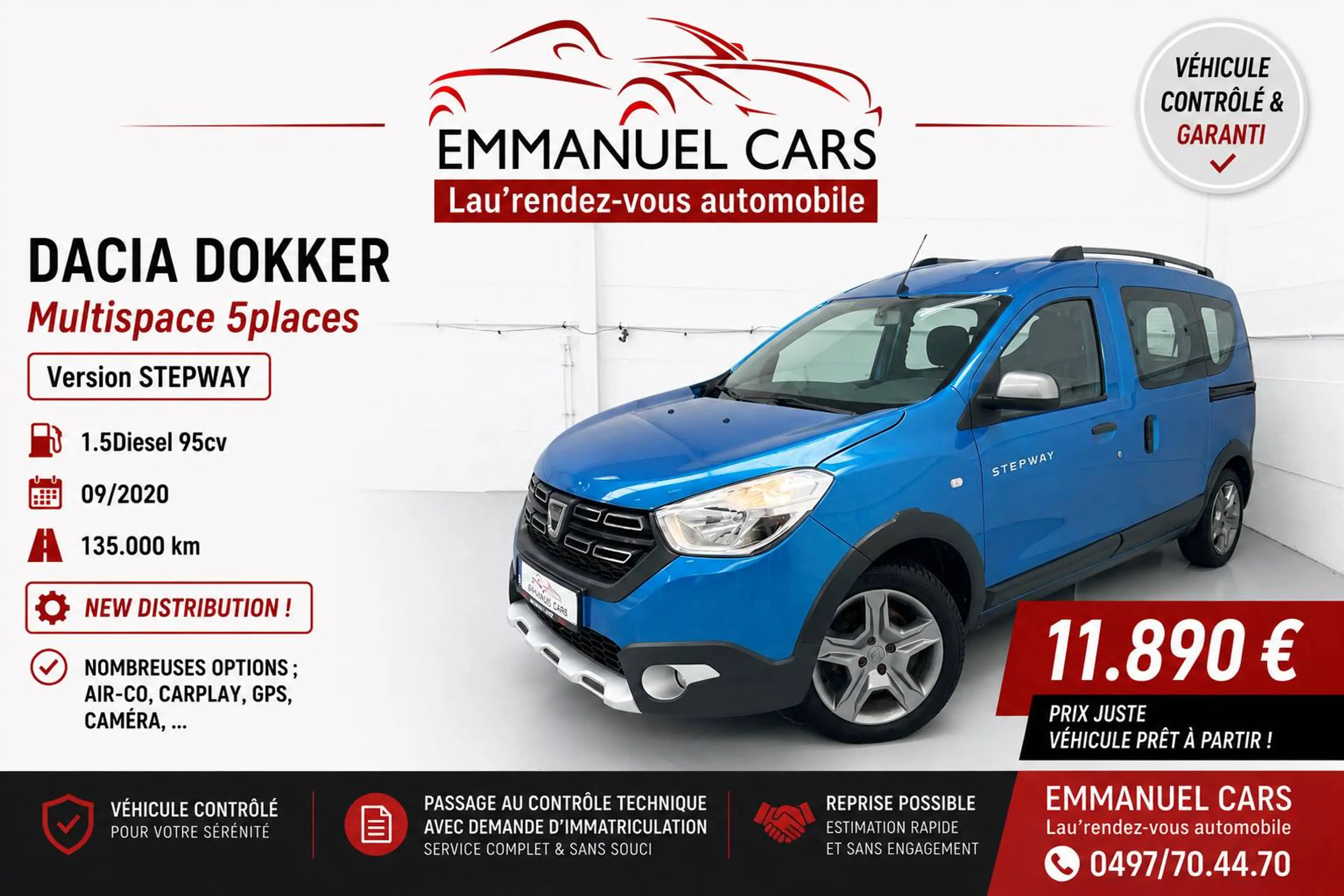 Dacia Dokker 1.5dCi *STEPWAY* NEW DISTRIBUTION! Air-co+GPS+Caméra+CarPlay. 1er Propriétaire!