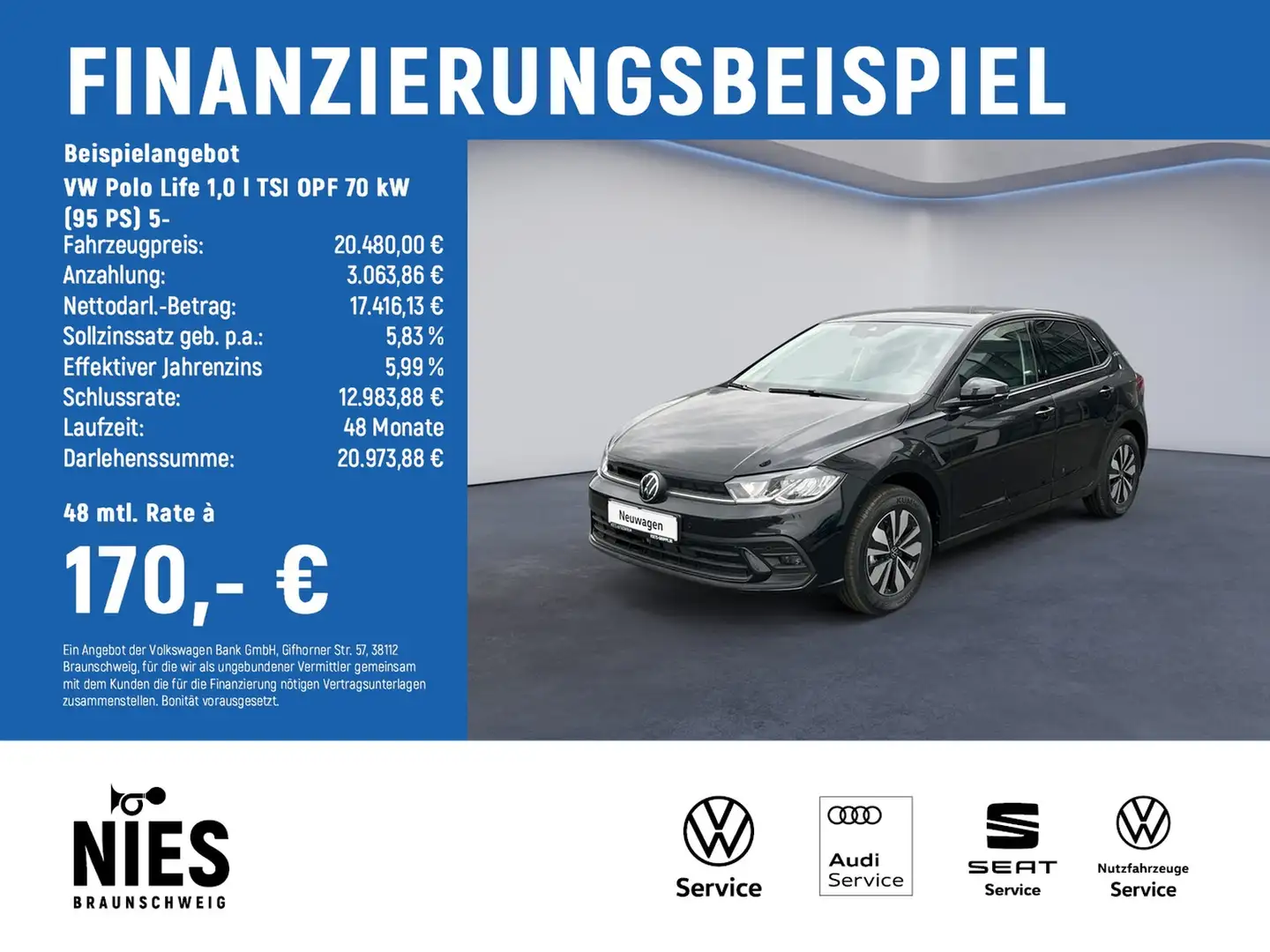 Volkswagen Polo Life 1,0 l TSI OPF 70 kW (95 PS) 5- RearView+AC... Noir - 2