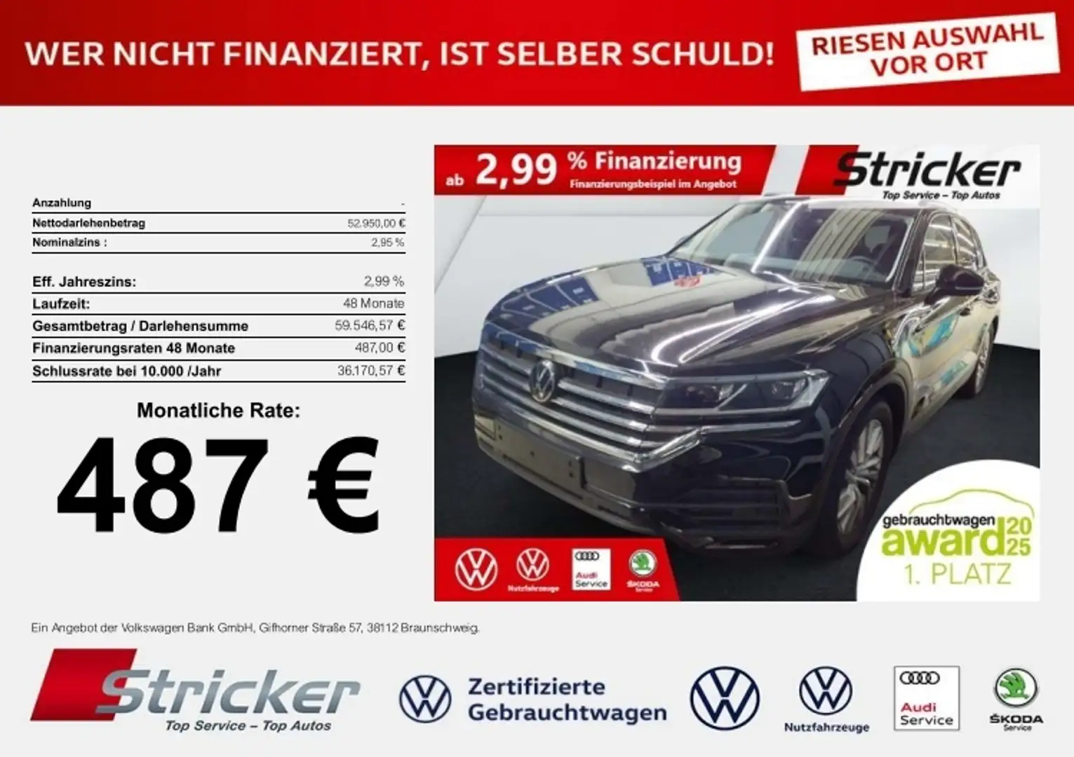 Volkswagen Touareg 3.0TDI 487,-ohne Anzahlung Navi AHK Luft Schwarz - 1