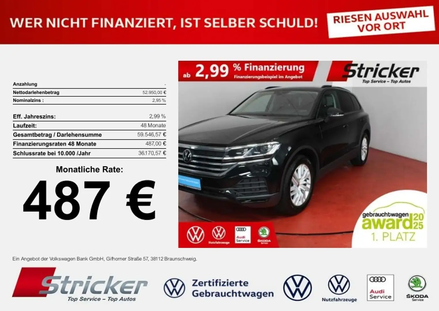 Volkswagen Touareg 3.0TDI 487,-ohne Anzahlung Navi AHK Luft Schwarz - 1