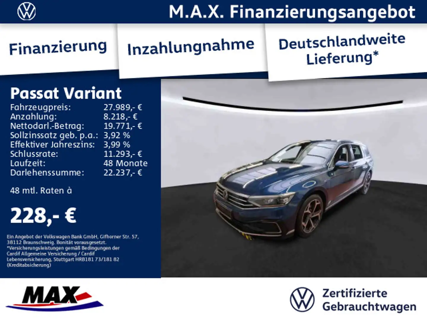 Volkswagen Passat Variant GTE 1.4 eHybrid R-LINE +AHK+PANO+ Blau - 1