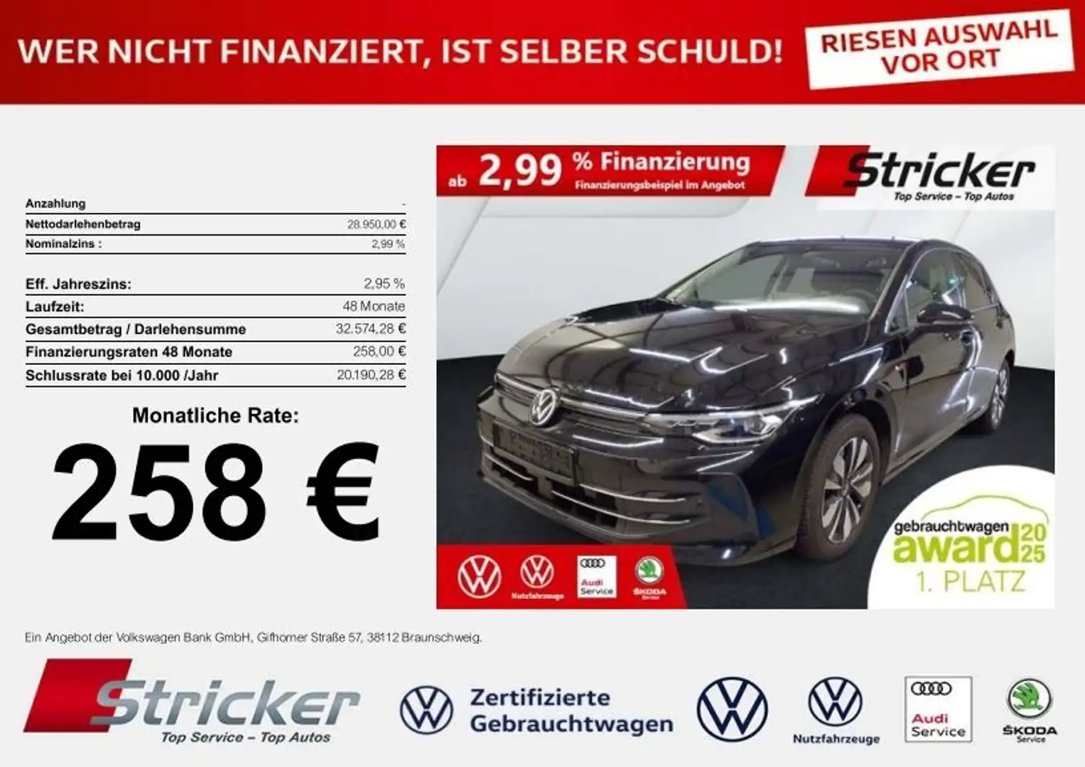 Volkswagen Golf GOAL 2.0TDI DSG 258,-ohne Anzahlung Navi AHK Kame Schwarz - 1