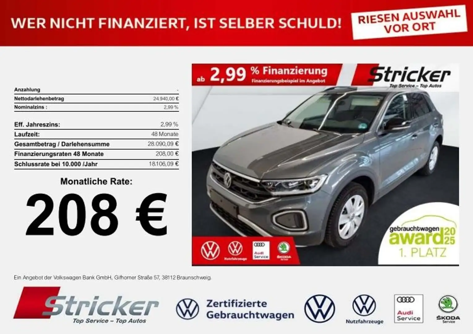 Volkswagen T-Roc Goal 2.0TDI 208,-ohne Anzahlung Travel App-Connec Grau - 1
