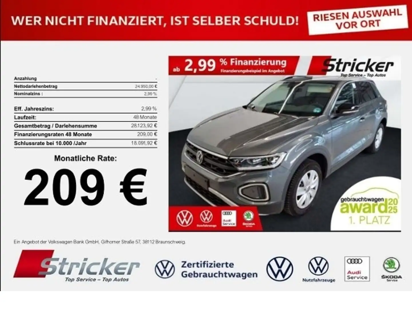 Volkswagen T-Roc Goal 2.0TDI 209,-ohne Anzahlung Travel App-Connec Grau - 1