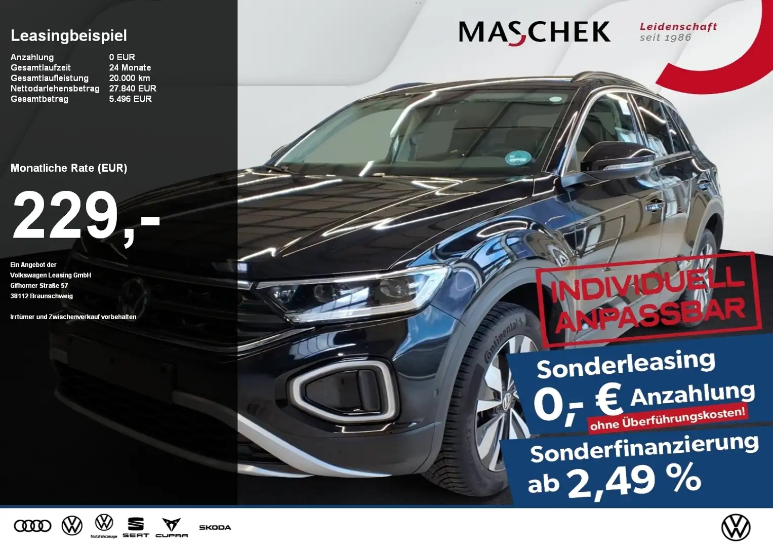 Volkswagen T-Roc Goal 2.0 TDI Sonderleasing ohne zzgl Kosten! DSG A Schwarz - 1