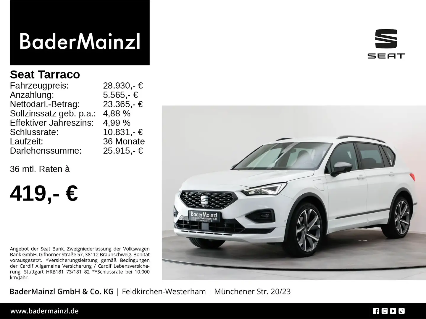 SEAT Tarraco 1.4 e-Hybrid FR AHK 360° Navi ACC 4xSHZ Weiß - 1