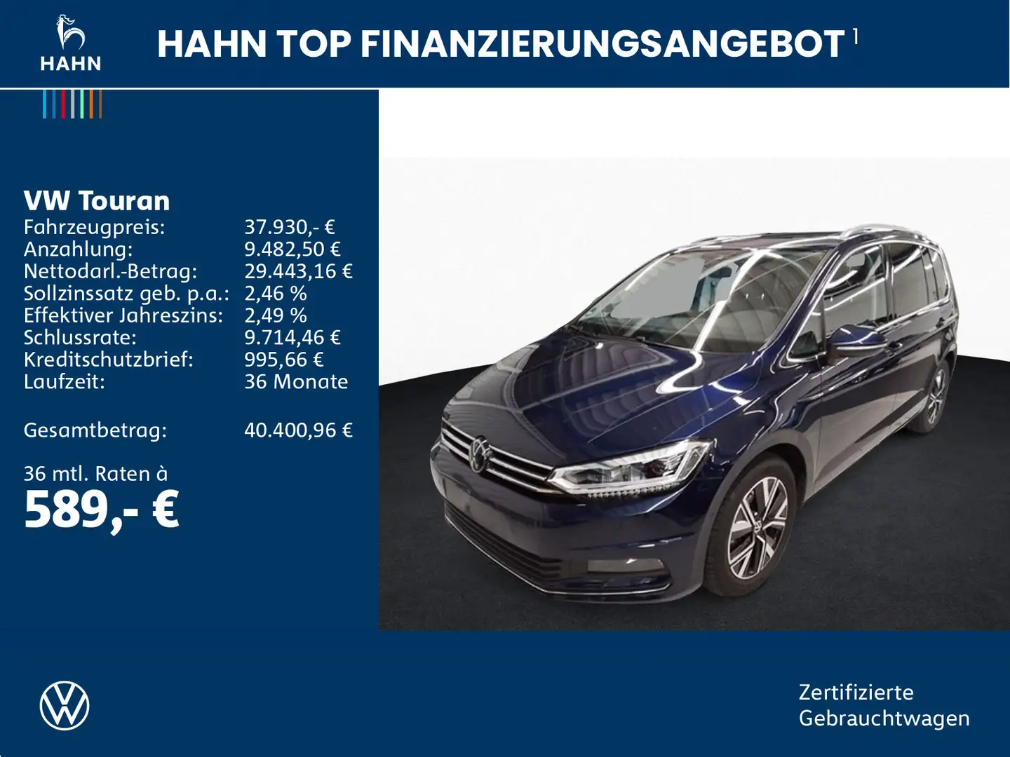 Volkswagen Touran 2.0TDI DSG Highline AHK Cam LED Navi Pano Blau - 2