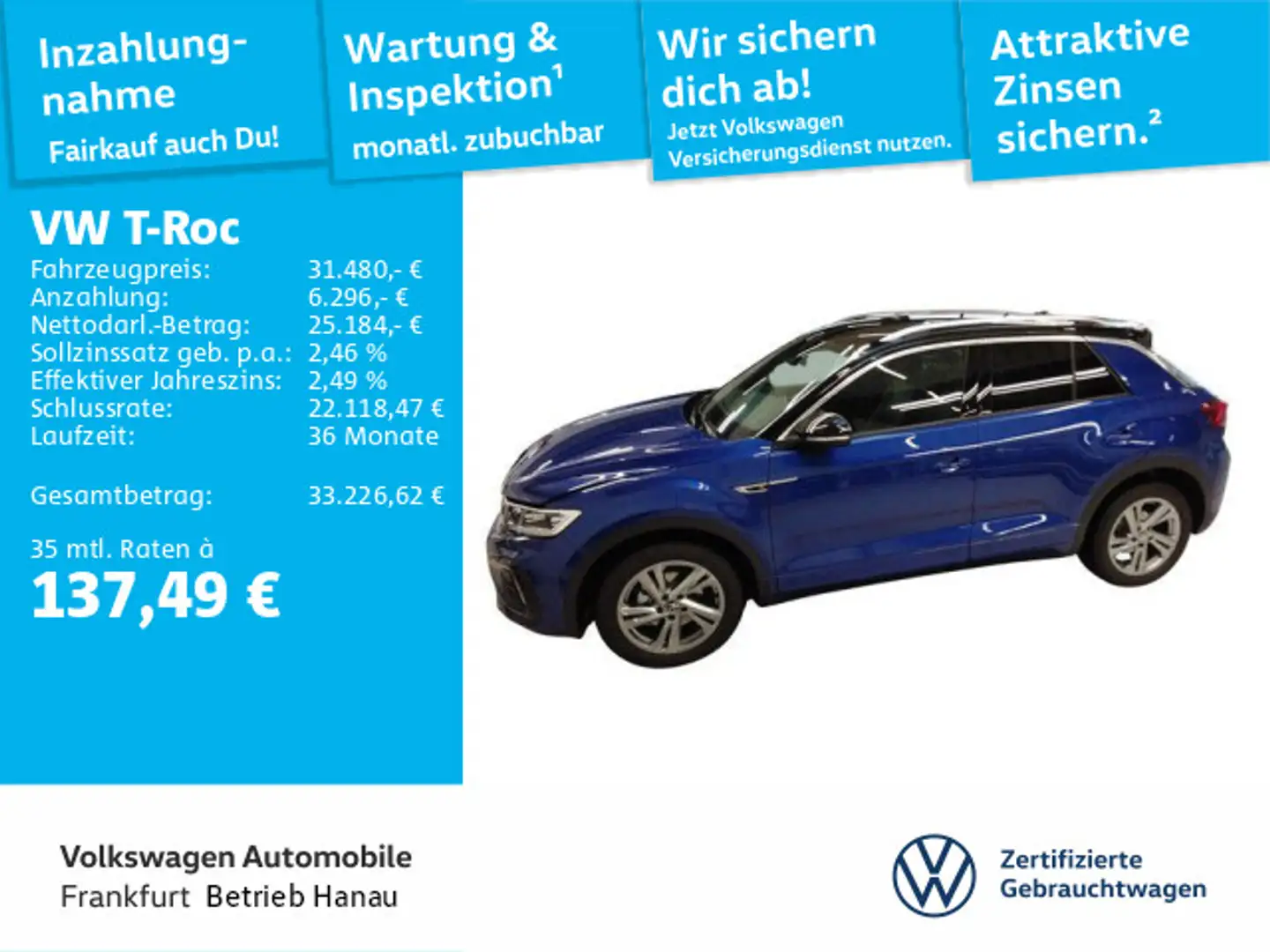 Volkswagen T-Roc 1.5 TSI DSG R-Line Navi LEDPlus DAB+ Front Blau - 1