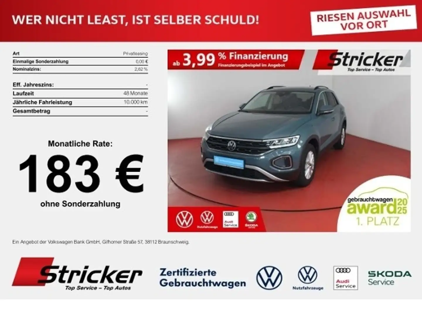 Volkswagen T-Roc Life 1.0TSI 183,-ohne Anzahlung Navi App-Connect Blau - 1