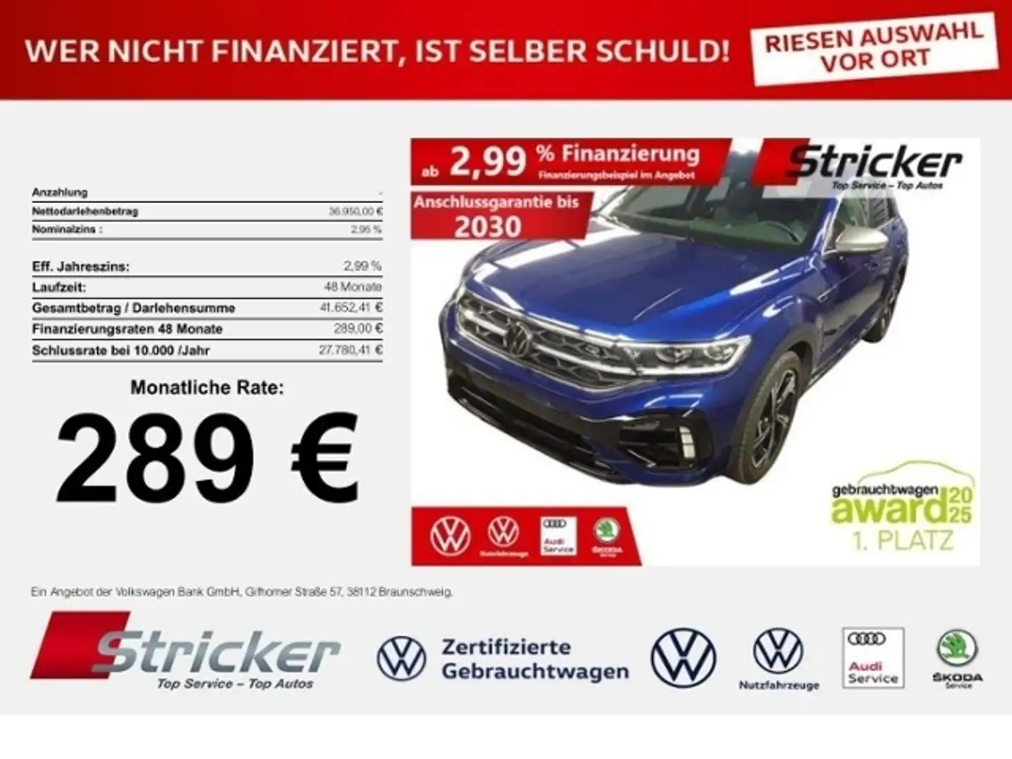 Volkswagen T-Roc R 2.0TSI DSG 289,-ohne Anzahlung AHK Kamera Blau - 1