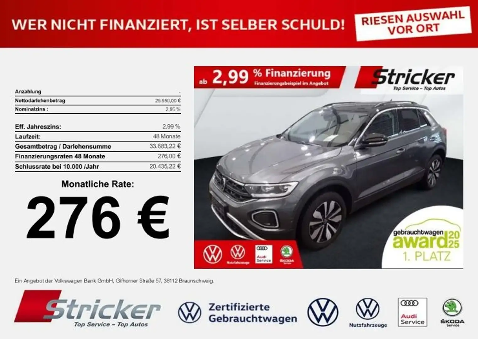 Volkswagen T-Roc Goal 2.0TDI DSG 276,-ohne Anzahlung Navi AHK Kame Grau - 1