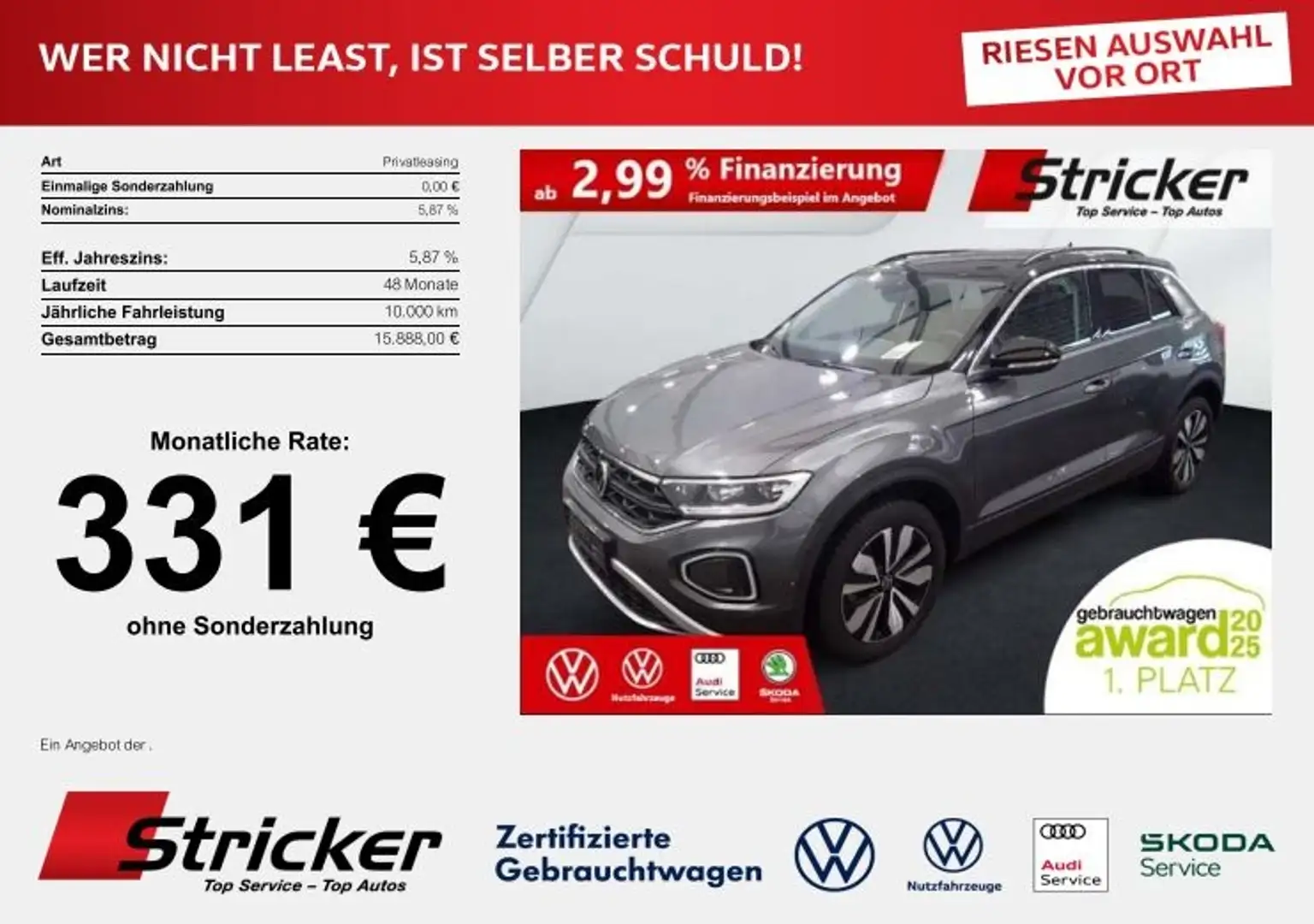 Volkswagen T-Roc Goal 2.0TDI DSG 276,-ohne Anzahlung Navi AHK Kame Grau - 2
