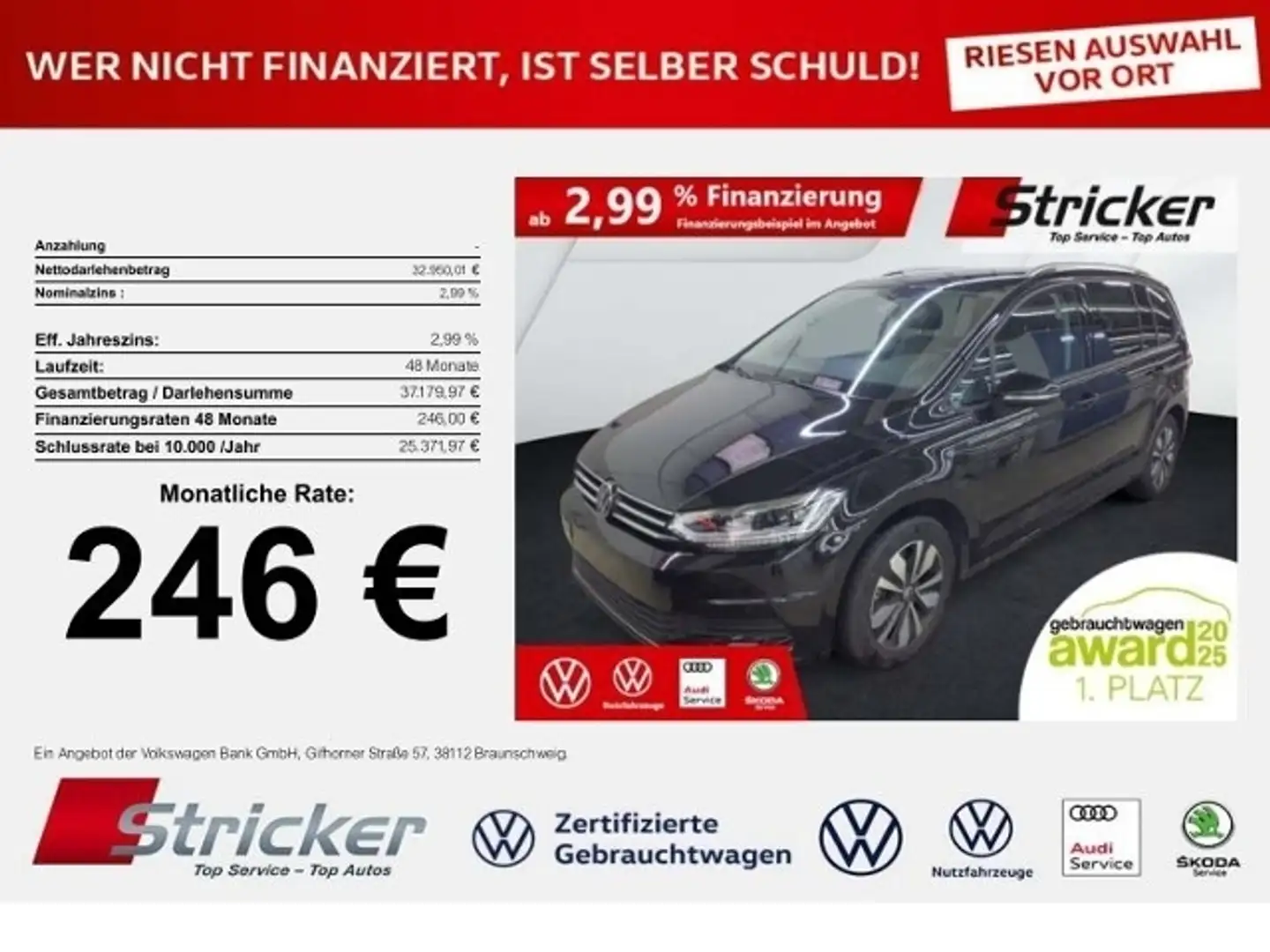 Volkswagen Touran Goal 1.5 TSI DSG 246,-ohne Anzahlung 7-Sitzer AHK Schwarz - 1