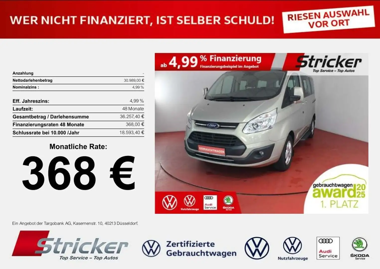 Ford Transit Custom Titanium 2.0TDCI 368,-ohne Anzahlung Automatik 8- Beige - 1