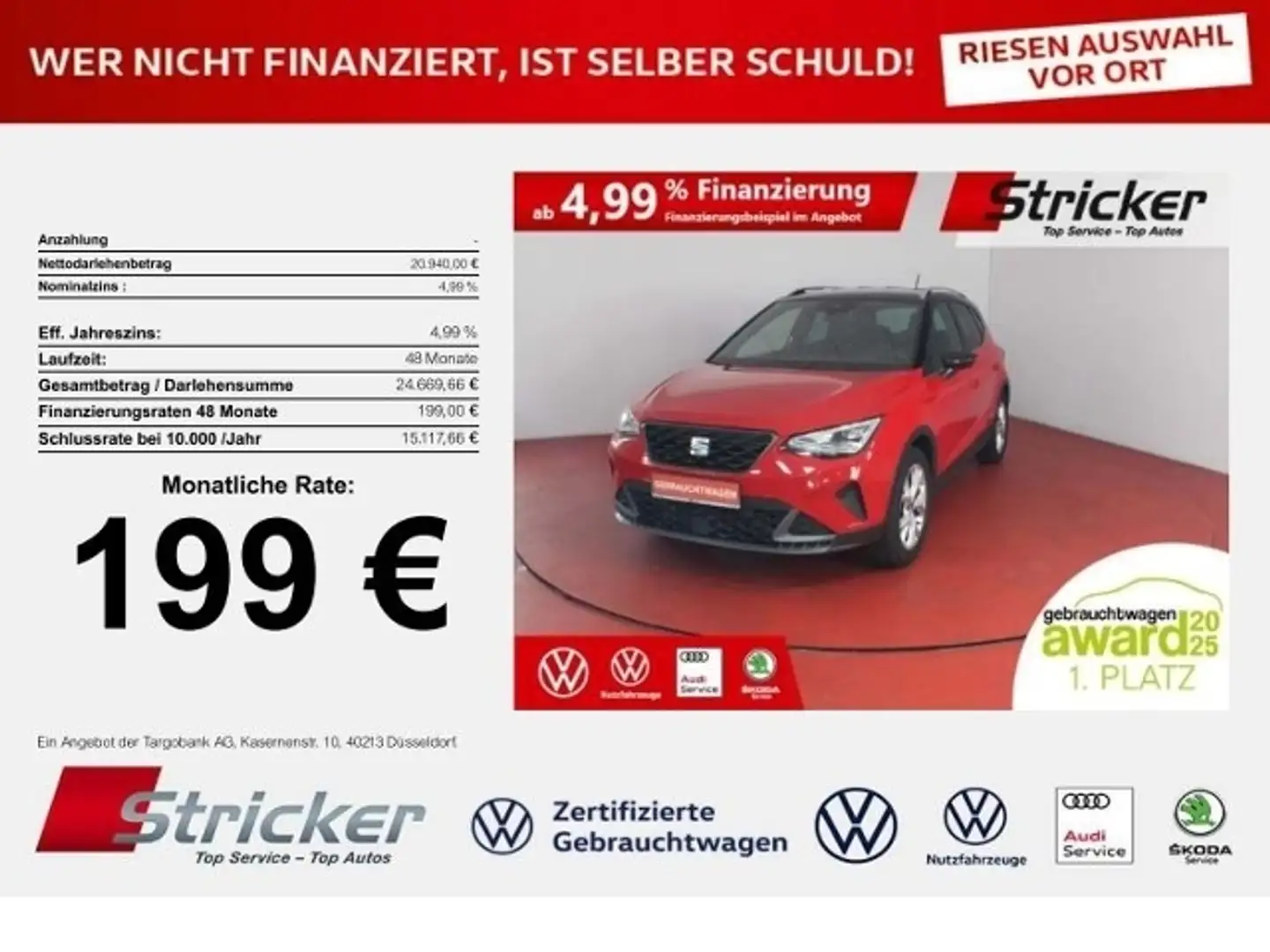 SEAT Arona FR 1.0TSI DSG 199,-ohne Anzahlung ACC Kamera Rot - 1