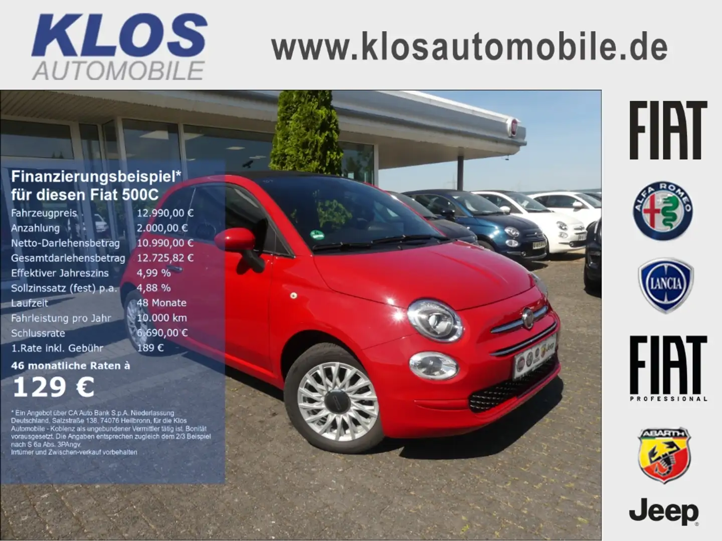 Fiat 500C LOUNGE 1.2 69PS CARPLAY KLIMA CITYPAKET Rood - 1