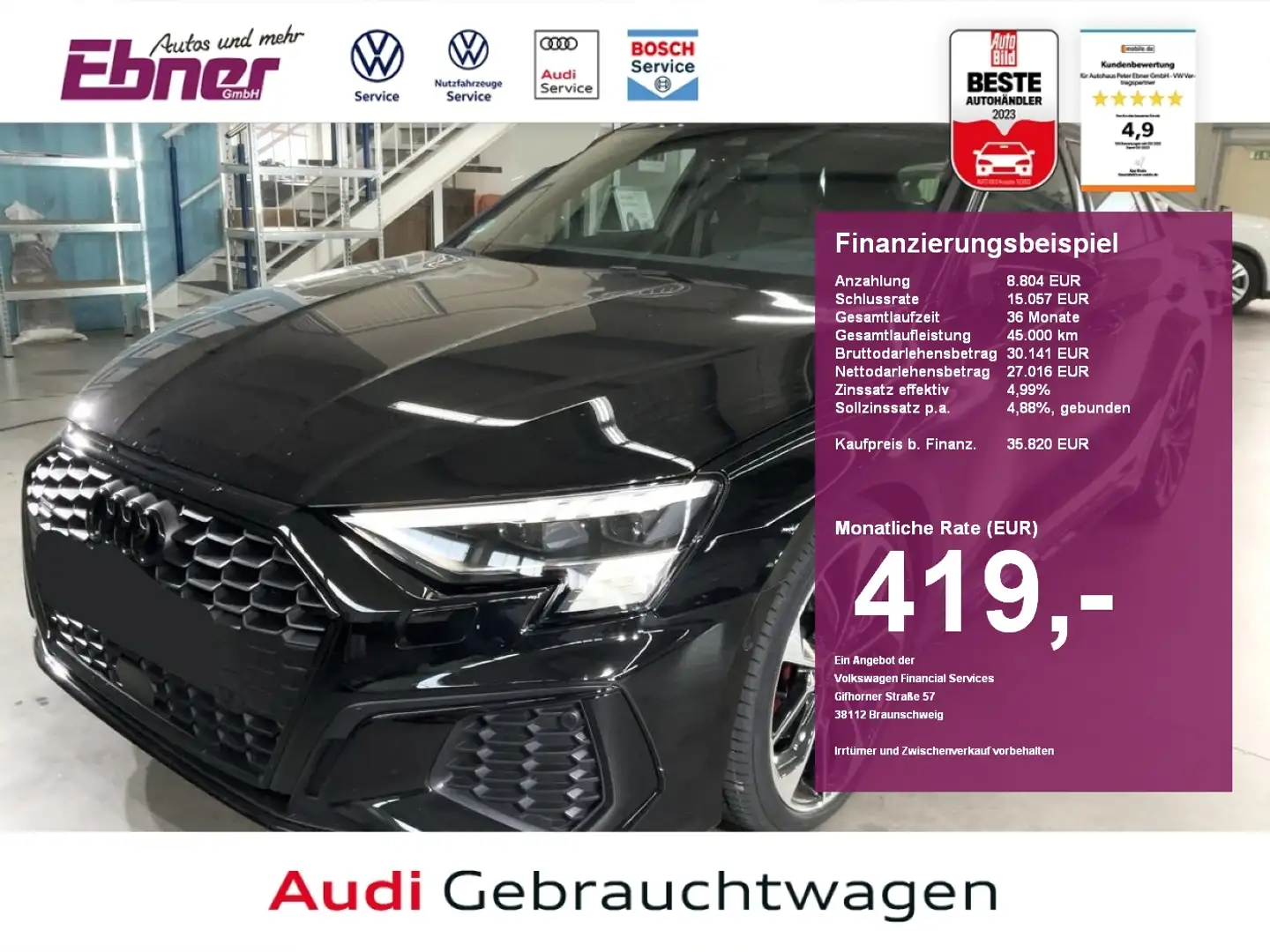 Audi A3 Sportback S-LINE 40TFSI QUATTRO S-TRONIC HEAD-UP+M Schwarz - 1