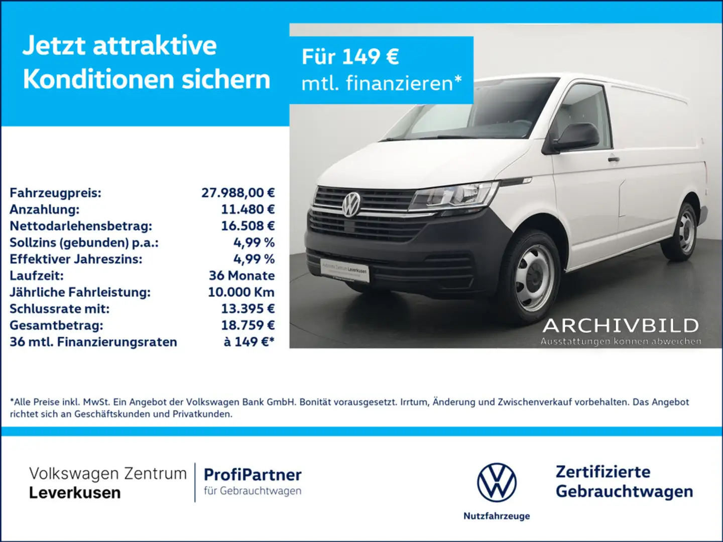 Volkswagen T6.1 Transporter Kasten FLÜGELTÜR PDC PORT NA Weiß - 1