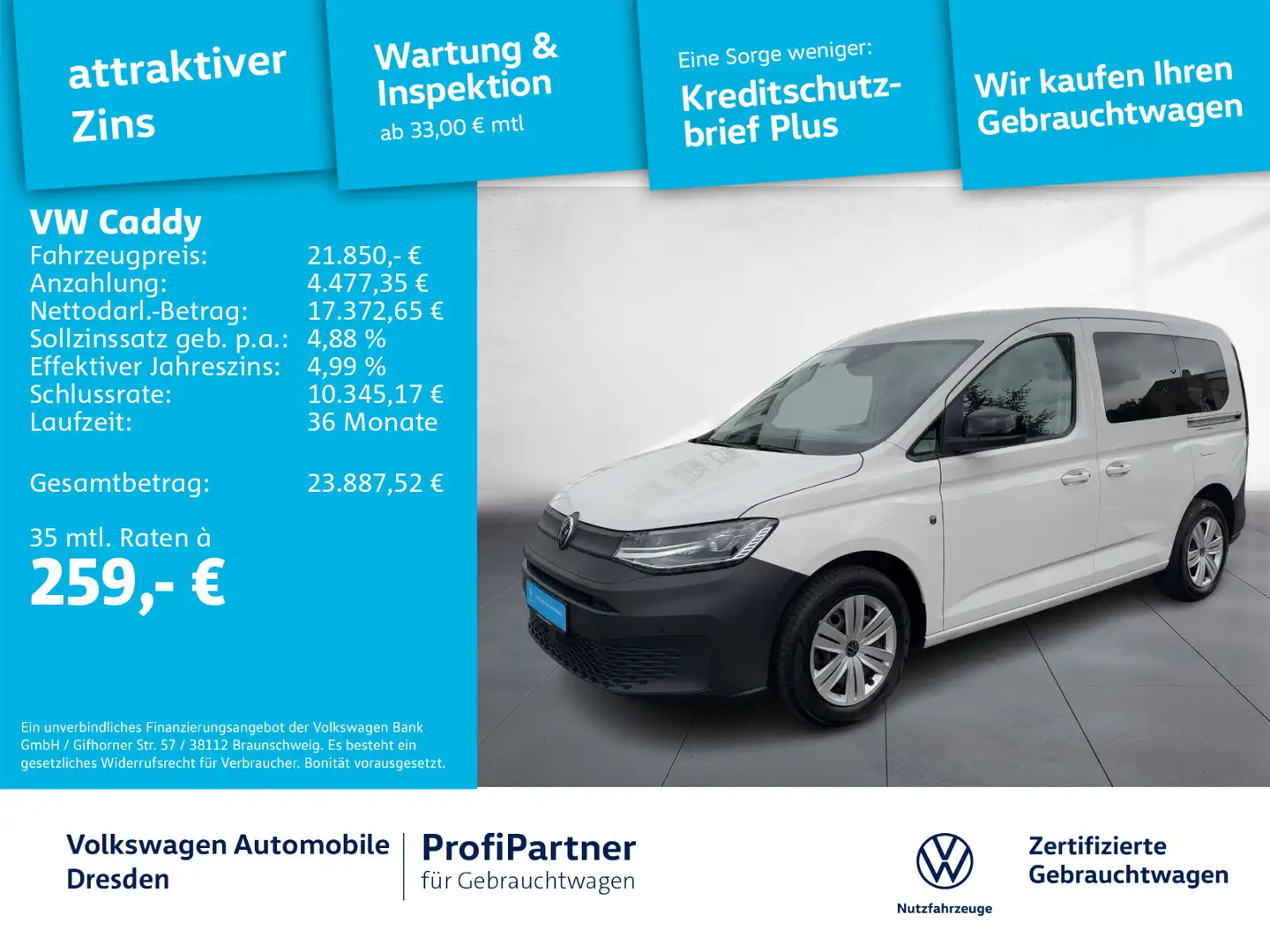 Volkswagen Caddy Basis 1,5 TSI KLIMA LED NAV SHZ PDC Weiß - 1