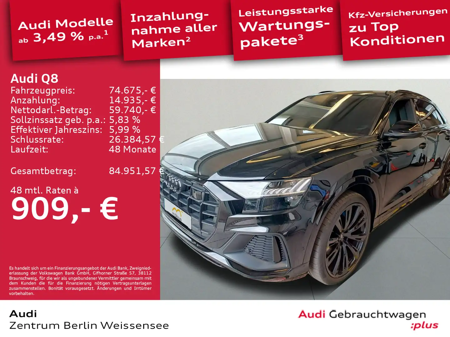 Audi Q8 50 TDI QU*S-LINE*AHK*ACC*PANO*B&O*VALCONA*SHZ Schwarz - 1