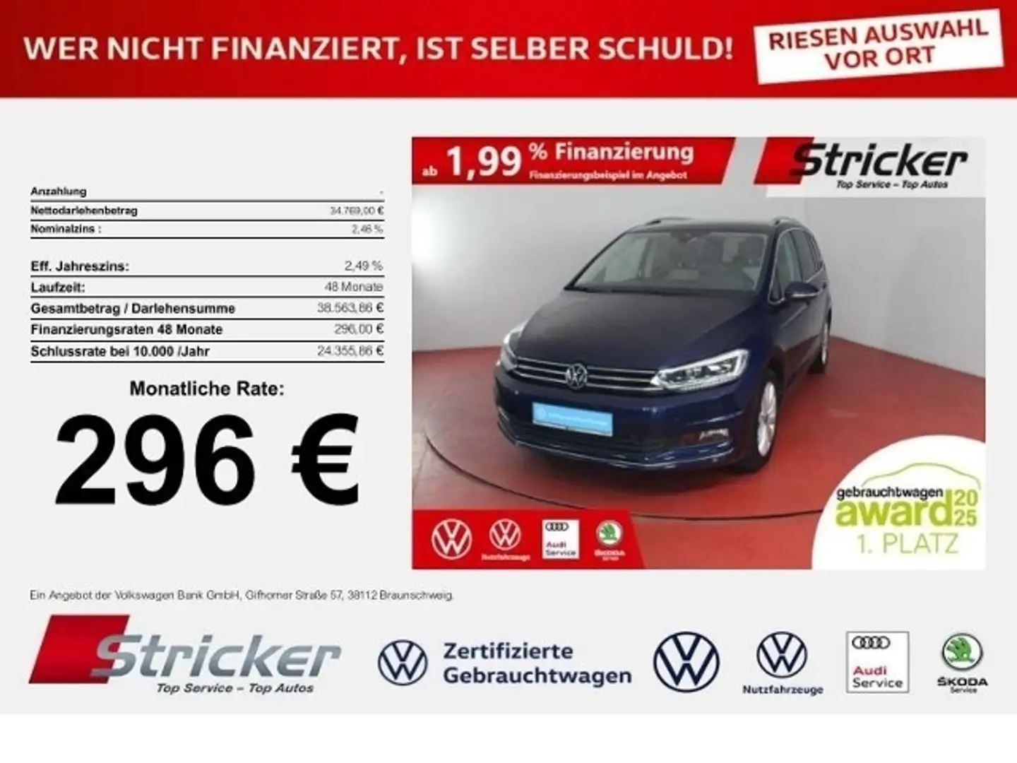 Volkswagen Touran Highline 2.0TDI DSG 296,-ohne Anzahlung AHK 7-Sit Blau - 1