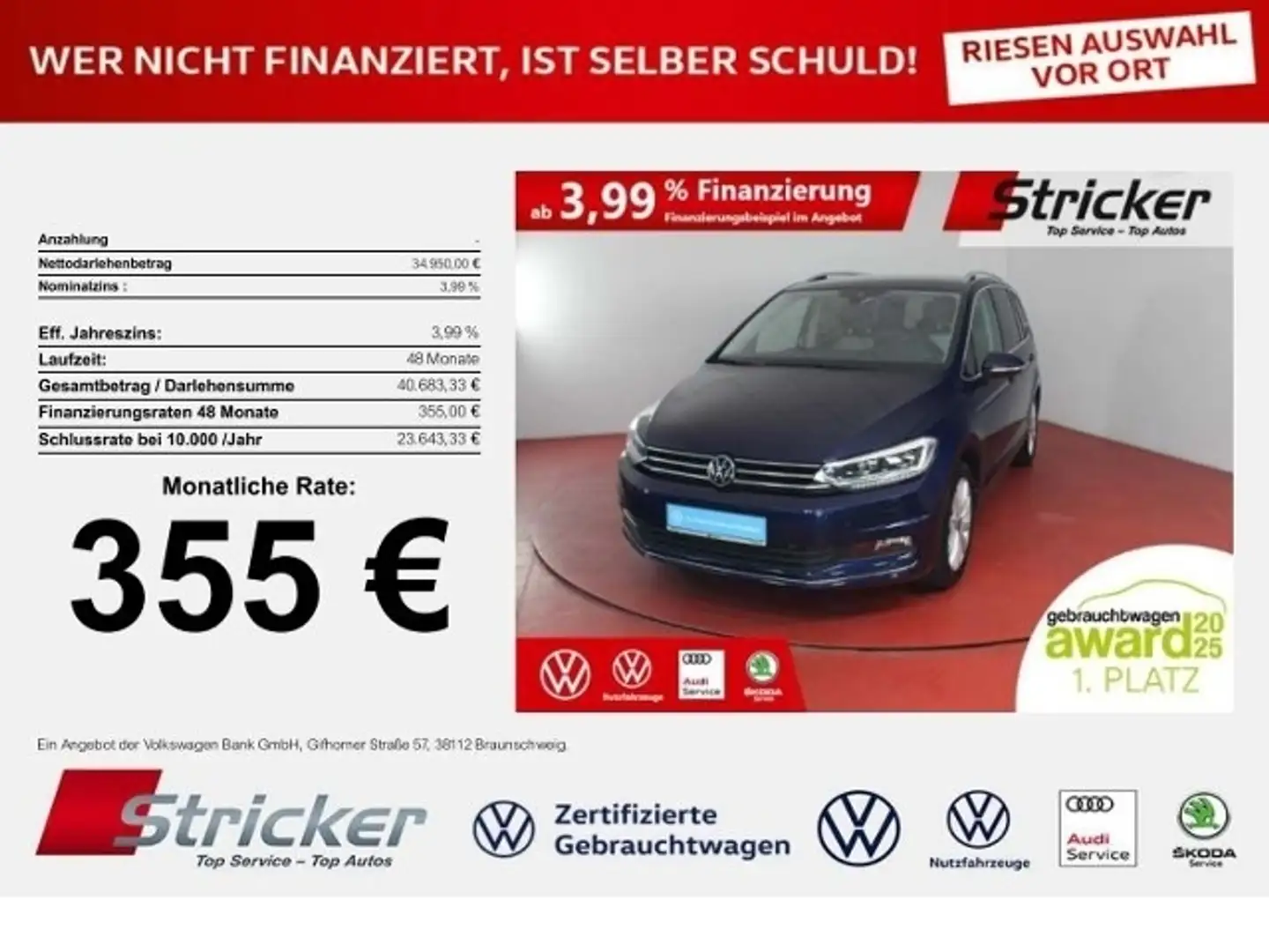 Volkswagen Touran Highline 2.0TDI DSG 355,-ohne Anzahlung AHK 7-Sit Blau - 1