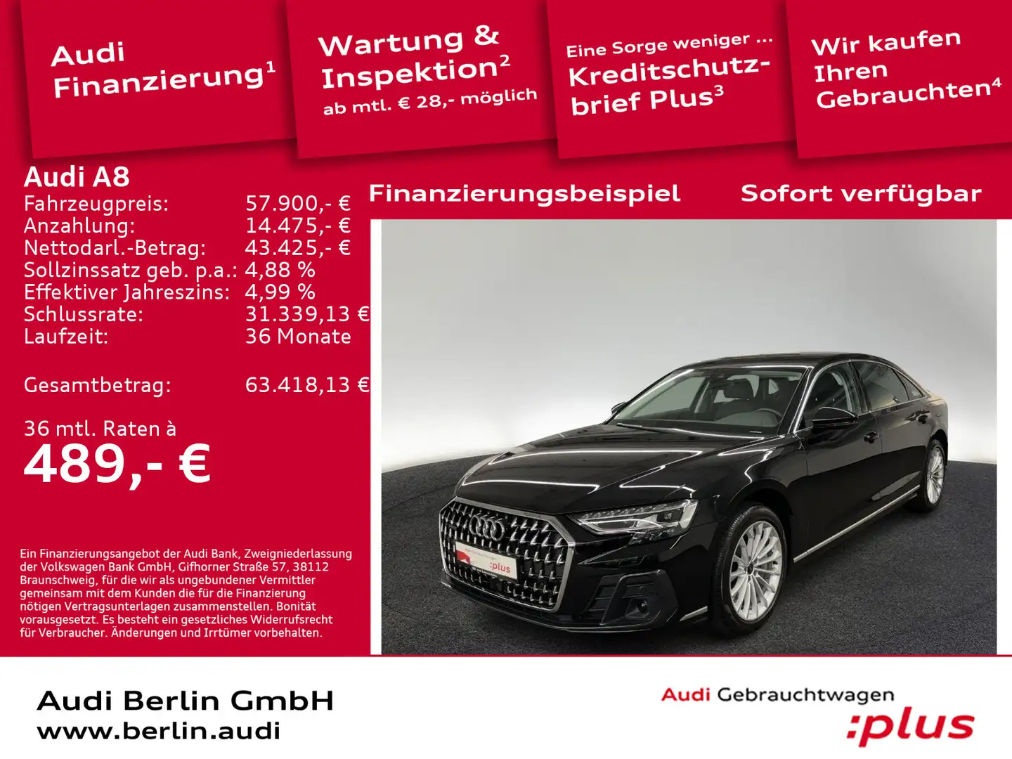 Audi A8 L 60 TFSI e qu.tiptr. LEDER MATRIX NAVI RFK A Schwarz - 1