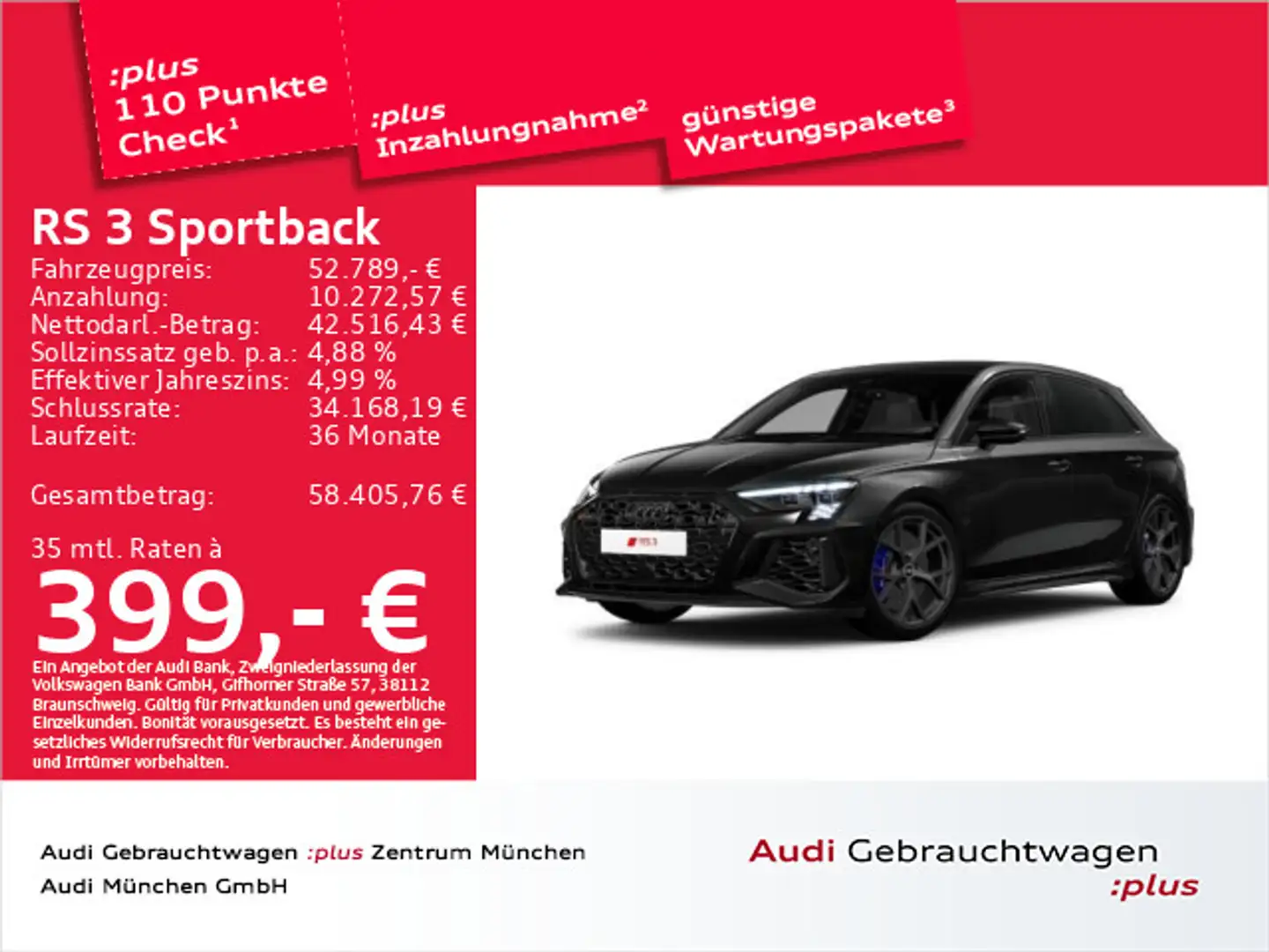 Audi RS3 RS3 Sportback S tronic UPE:86" Dynamik+/Keramik/ Schwarz - 1