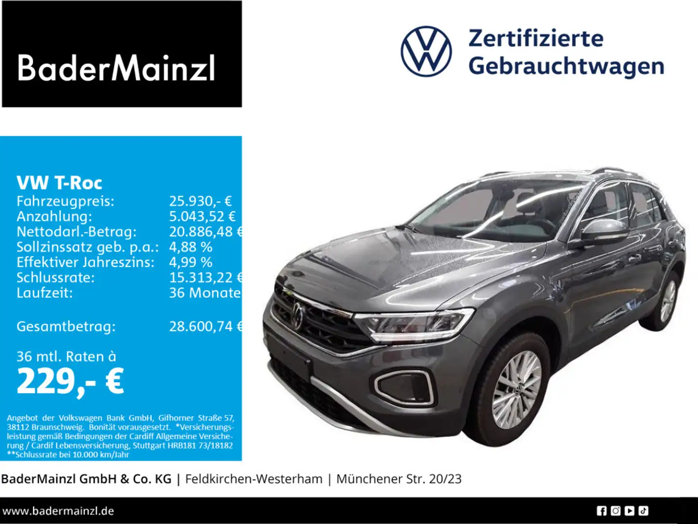 Volkswagen T-Roc 1.5 TSI Life Stdhz Navi SHZ Virtual LED Grau - 1
