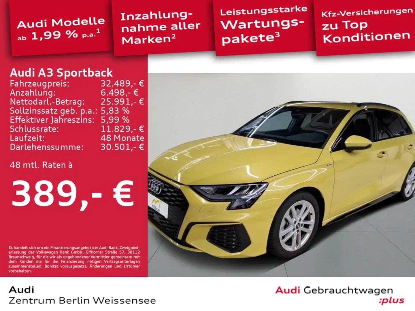 Audi A3 Sportback 30 TDI S-TRO*NUR BIS 30.06.!*S-LINE*LED* Gelb - 2