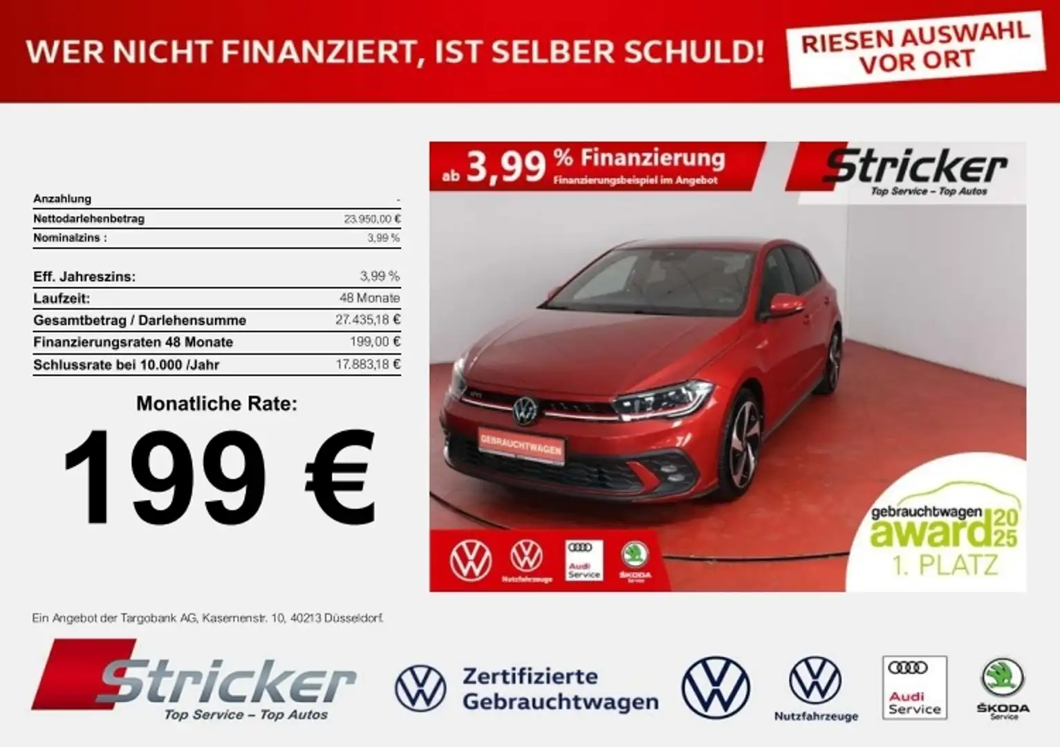 Volkswagen Polo GTI 2.0TSI DSG 199,-ohne Anzahlung ACC App-Connec Rot - 1