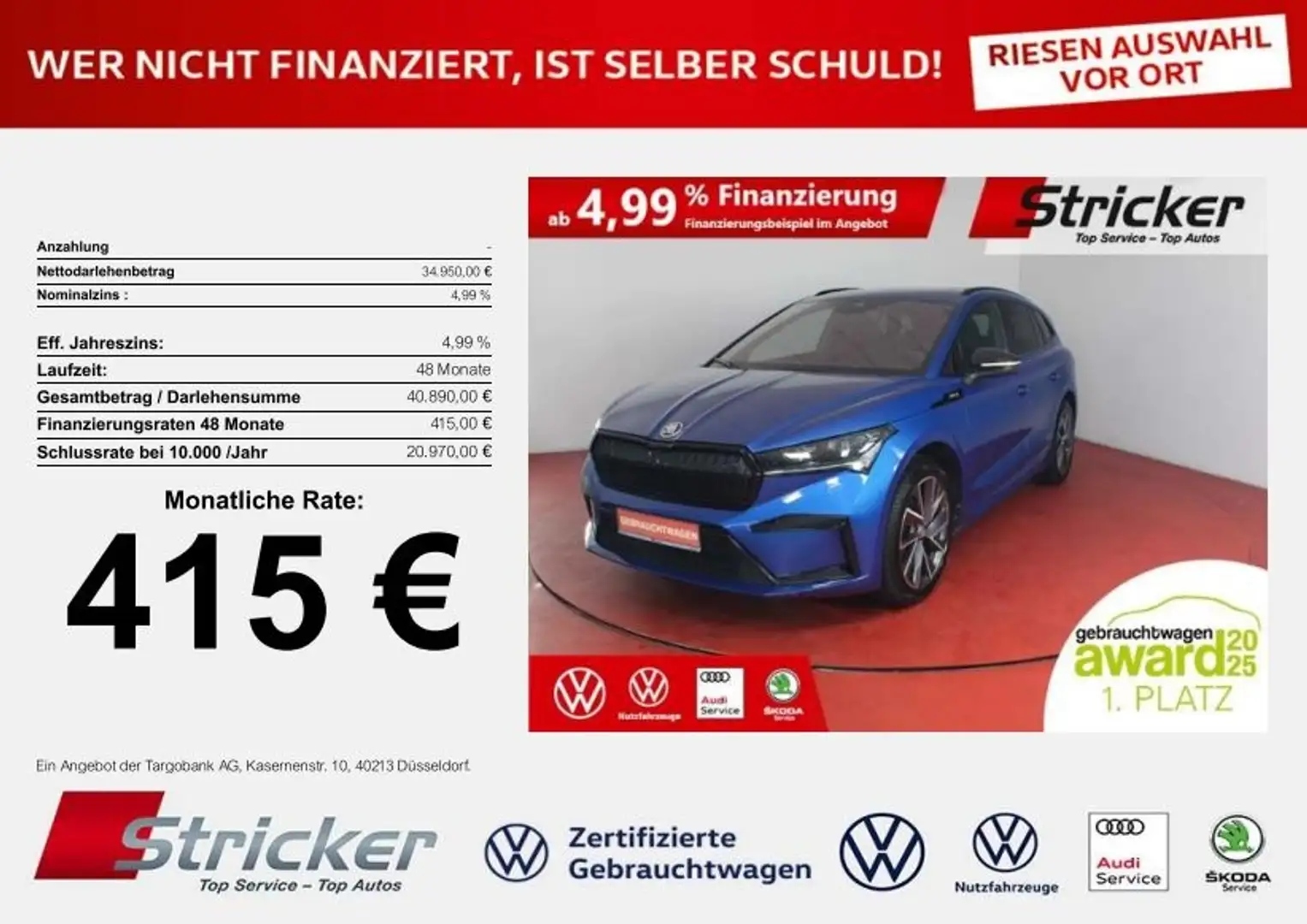 Skoda Enyaq iV80 Sportline AHK 415,-ohne Anzahlung Pano ACC Blau - 1