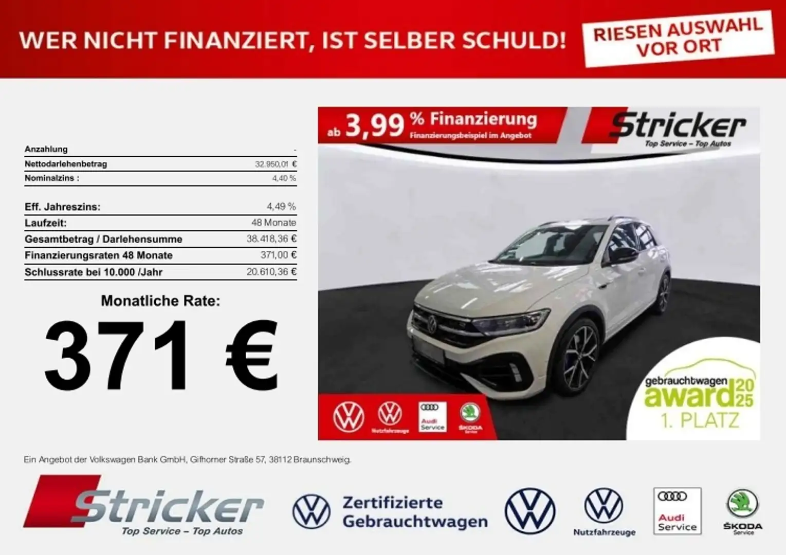 Volkswagen T-Roc R Black Style 2.0TSI 371,-ohne Anzahlung Akrapovi Weiß - 1