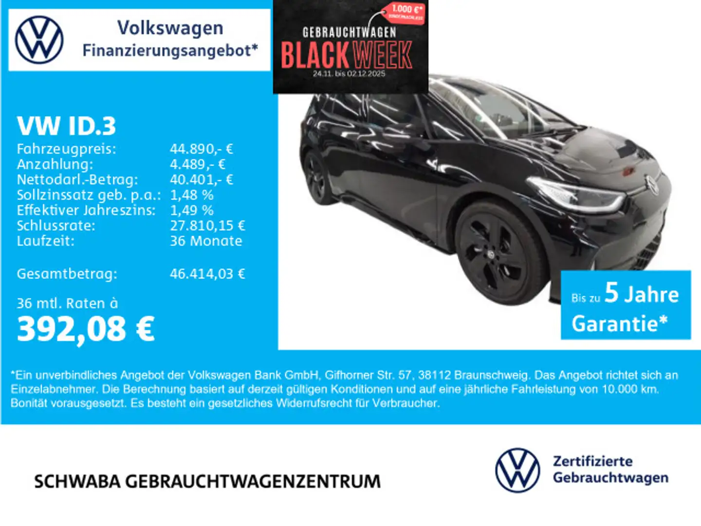Volkswagen ID.3 GTX *Wärmep.*IQ.LIGHT*NAV*ACC*SIDE*8-fach* Schwarz - 1