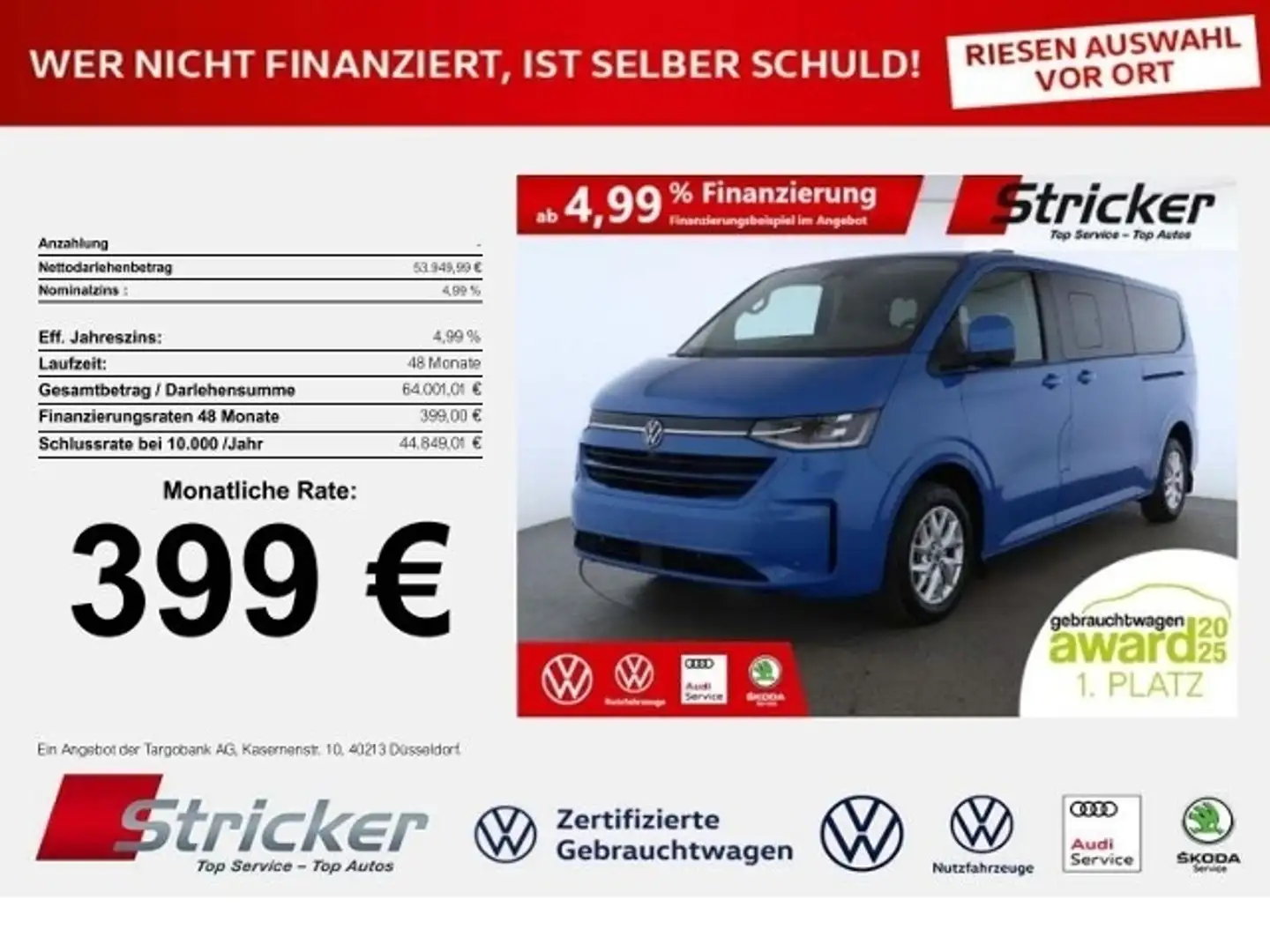 Volkswagen T7 Caravelle Style langer Radstand 210/64 399,-ohne Anzahlung Blau - 1