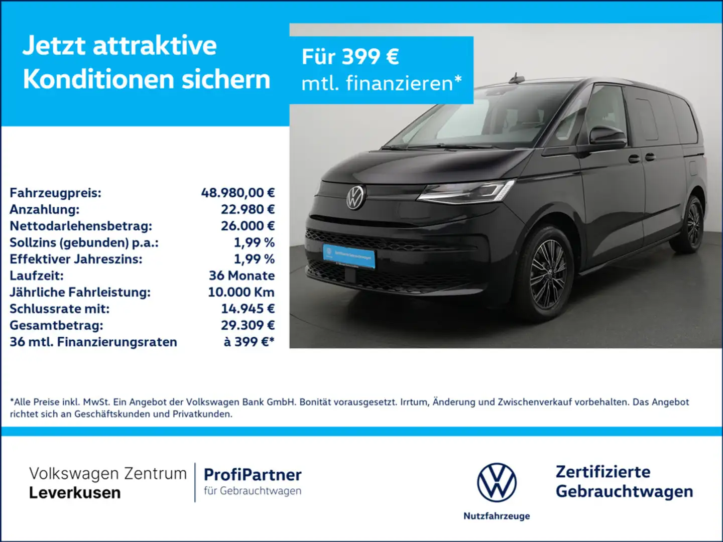 Volkswagen T7 Multivan KAM SHZ CARPLAY PDC PANO AHK VIRT Schwarz - 1