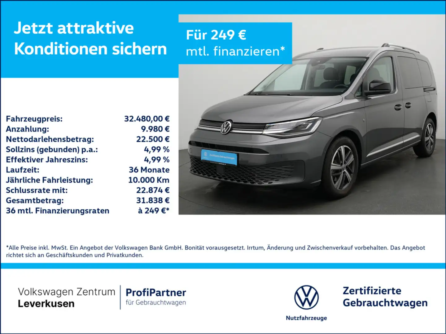 Volkswagen Caddy Style DSG ACC CARPLAY AHK LEDER Grau - 1