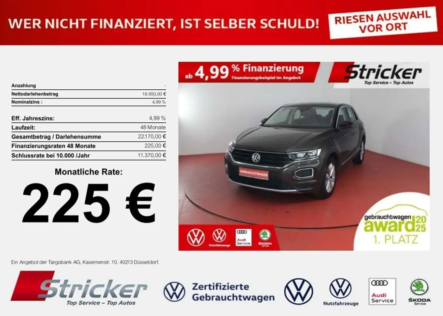 Volkswagen T-Roc Style 1.0 TSI 214,-ohne Anzahlung App-Connect Nav Braun - 1