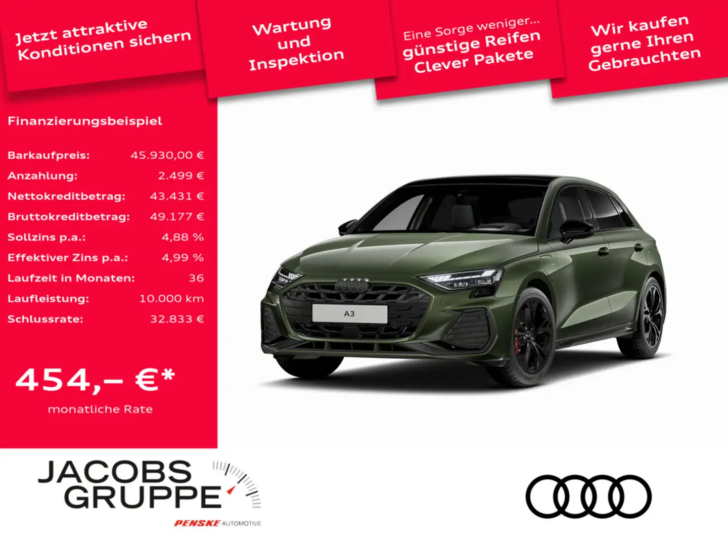 Audi A3 Sportback 45 TFSIe HuD/Kamera/LED/Pano S line Grün - 1