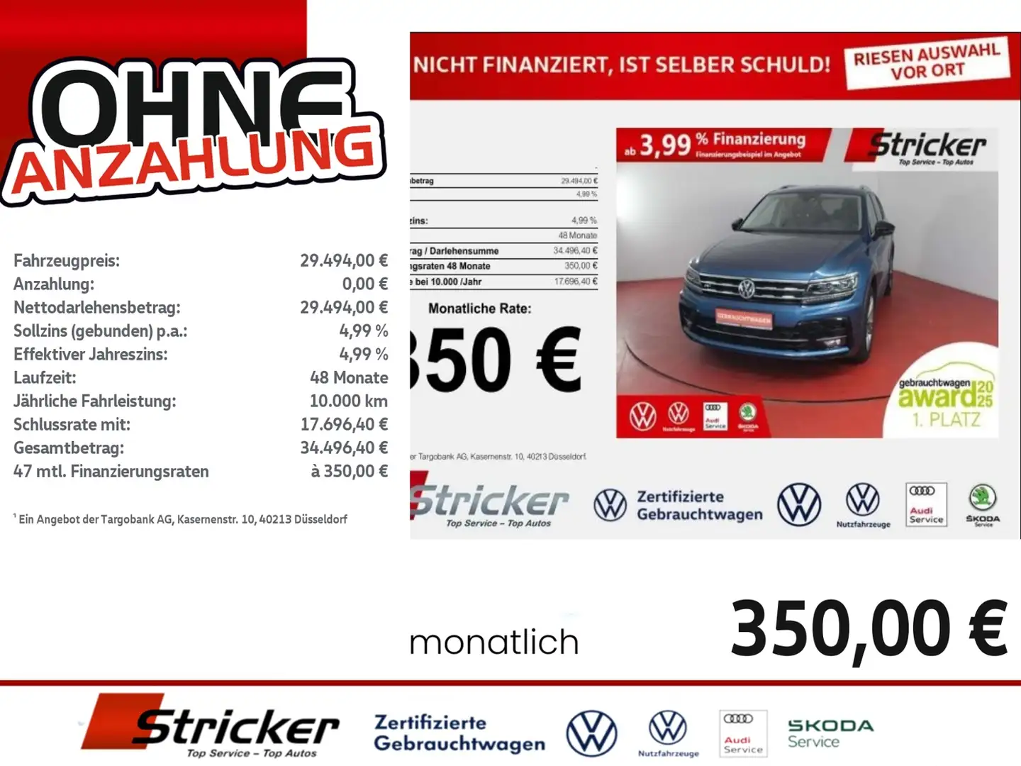 Volkswagen Tiguan Allspace R-Line 2.0TDI 350,-ohne Anzahlung Standh. Head-Up Blau - 1