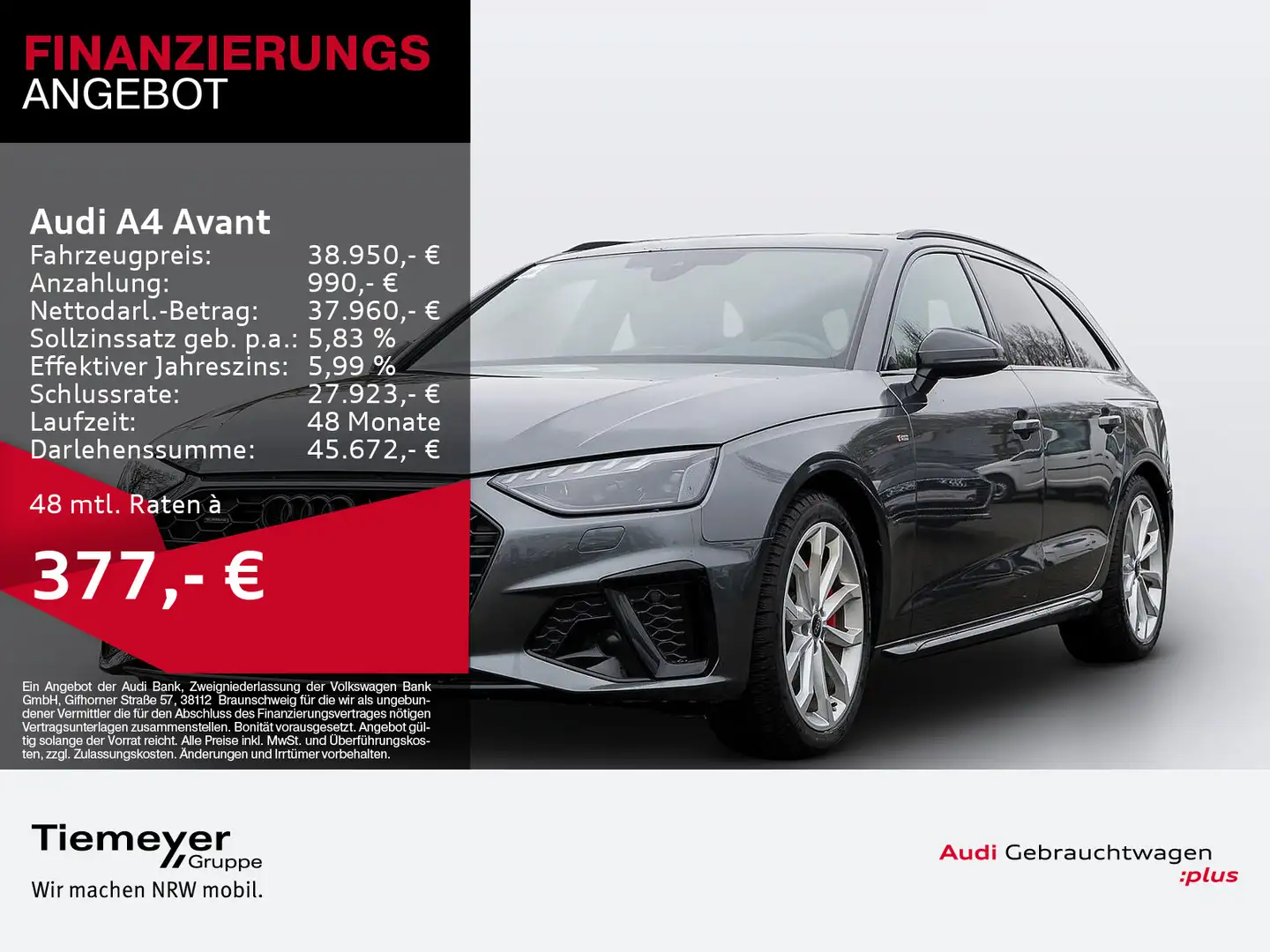 Audi A4 40 TFSI Q 2x S LINE LM19 KAMERA NAVI+ V Grau - 1