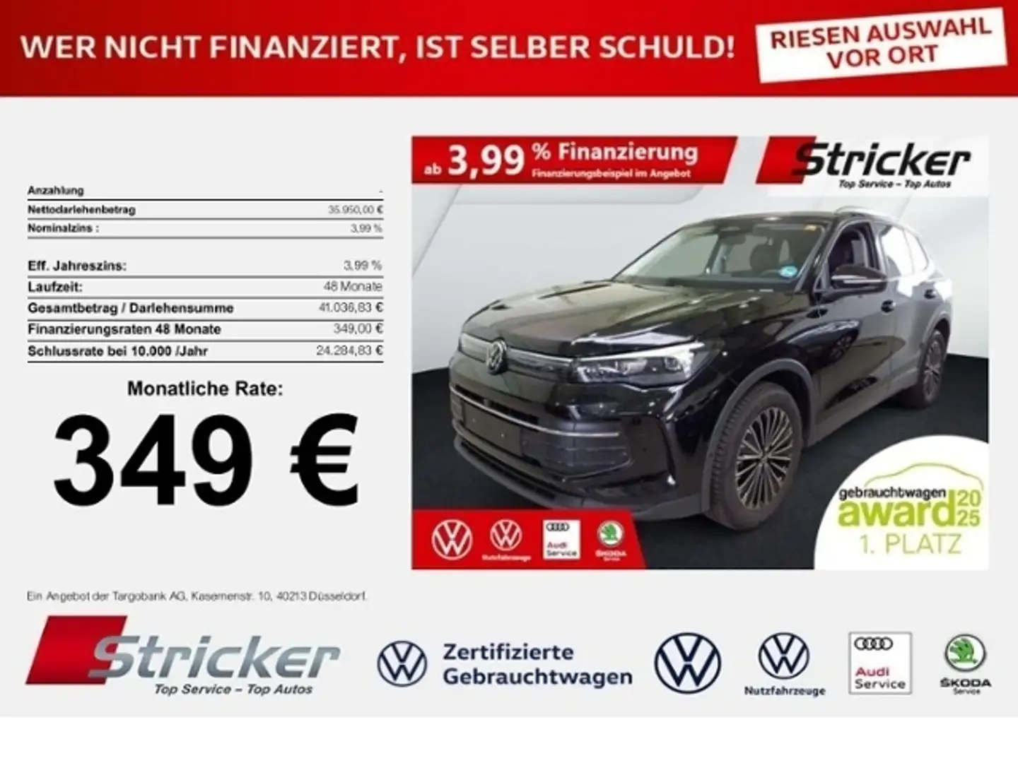 Volkswagen Tiguan Goal 2.0TDI DSG 349,-ohne Anzahlung Navi AHK Kame Schwarz - 1