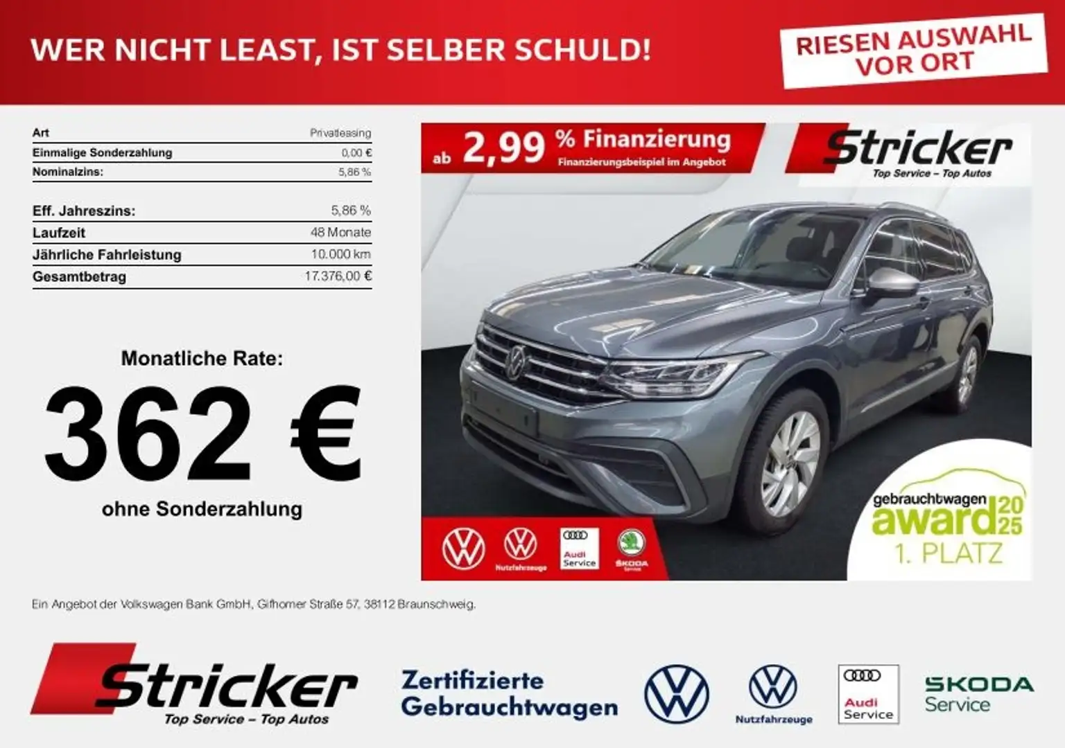 Volkswagen Tiguan Allspace Life 2.0TDI DSG 298,-ohne Anzahlung Navi AHK 7-Si Silber - 2