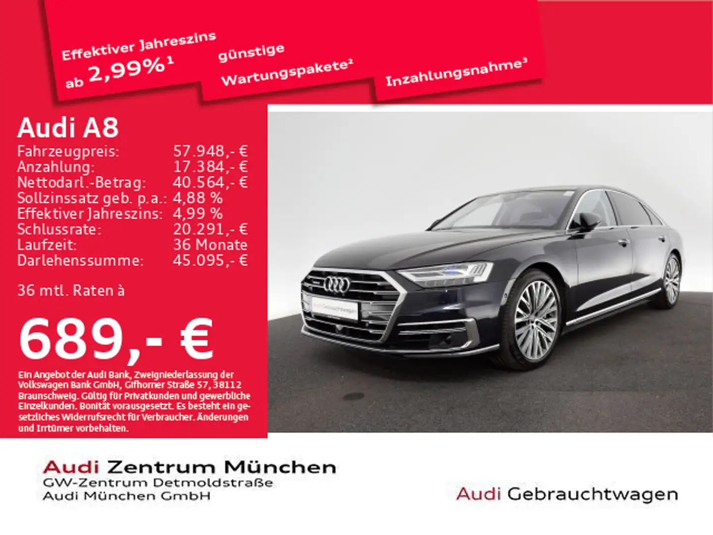 Audi A8 lang 60 TFSI qu. UPE:162" Pano/B&O/RSR/Laser Blau - 1
