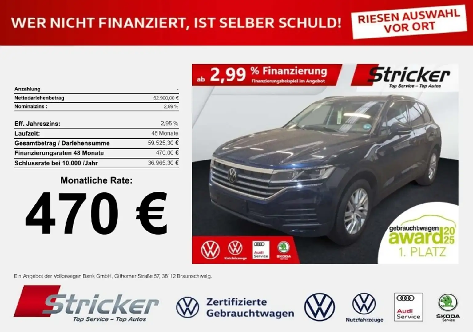 Volkswagen Touareg 3.0TDI 4M Allrad 470,-ohne Anzahlung AHK Navi ACC Blau - 1